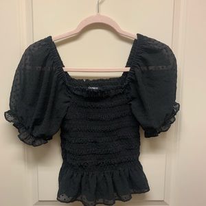 EXPRESS Black Smocked Cropped Puff Sleeve Blouse